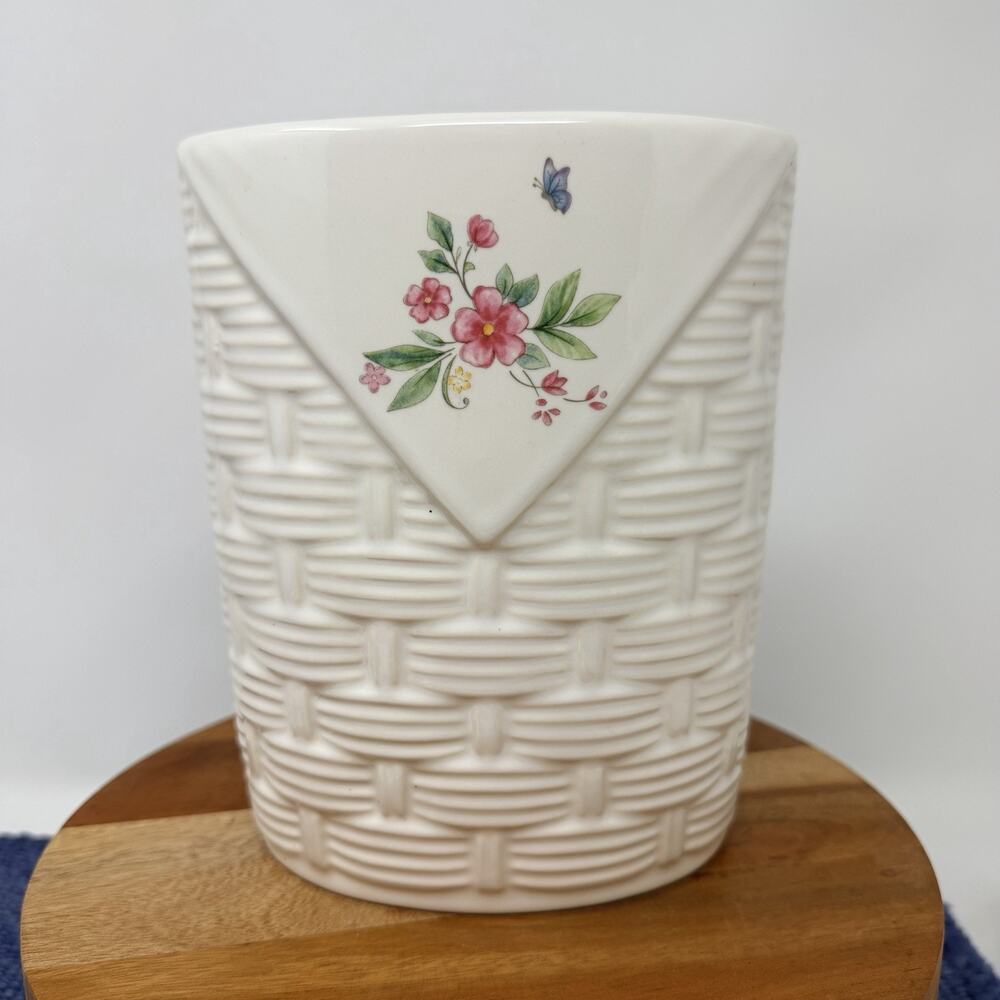 Vintage Pfaltzgraff Tea Rose Basketweave Oval Utensil Holder Made In USA